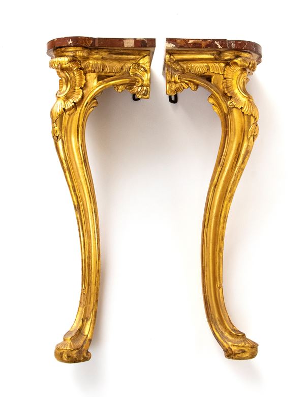 A pair of angular Italian applique consoles, Louis XV