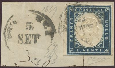 Francobollo 20 centesimi, Parma/Governo Provvisorio—Sardegna, usato a Piacenza (05.09.1859)