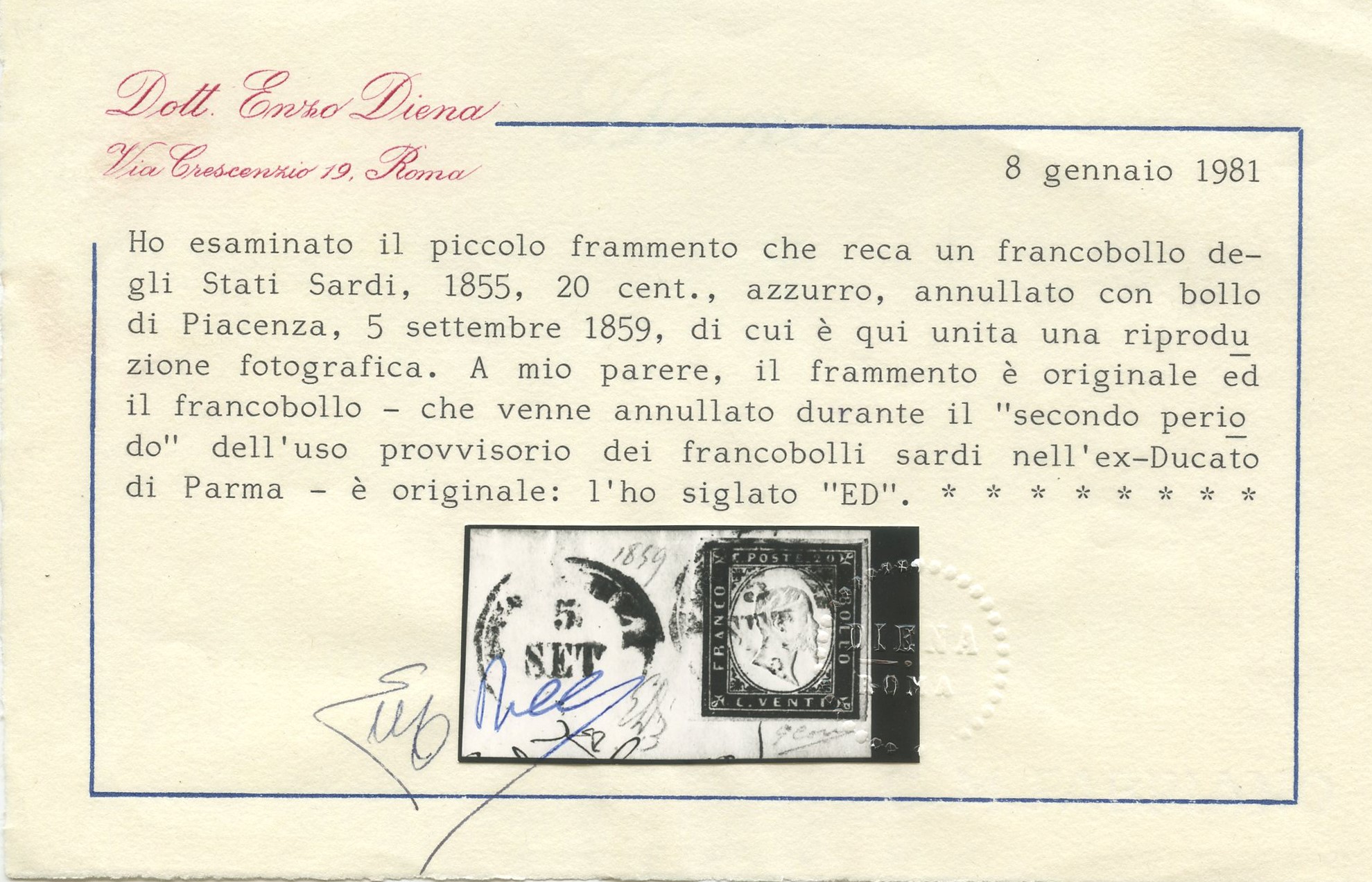 Parma/ Gov. Provvisorio, Sardegna Usato a Piacenza il 05.09.1859