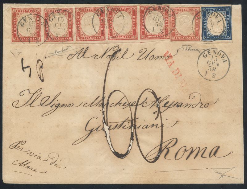 Sardegna - IV Emissione, Rara Striscia di 5 del 40 Cent. Rosso Scarlatto. su Busta