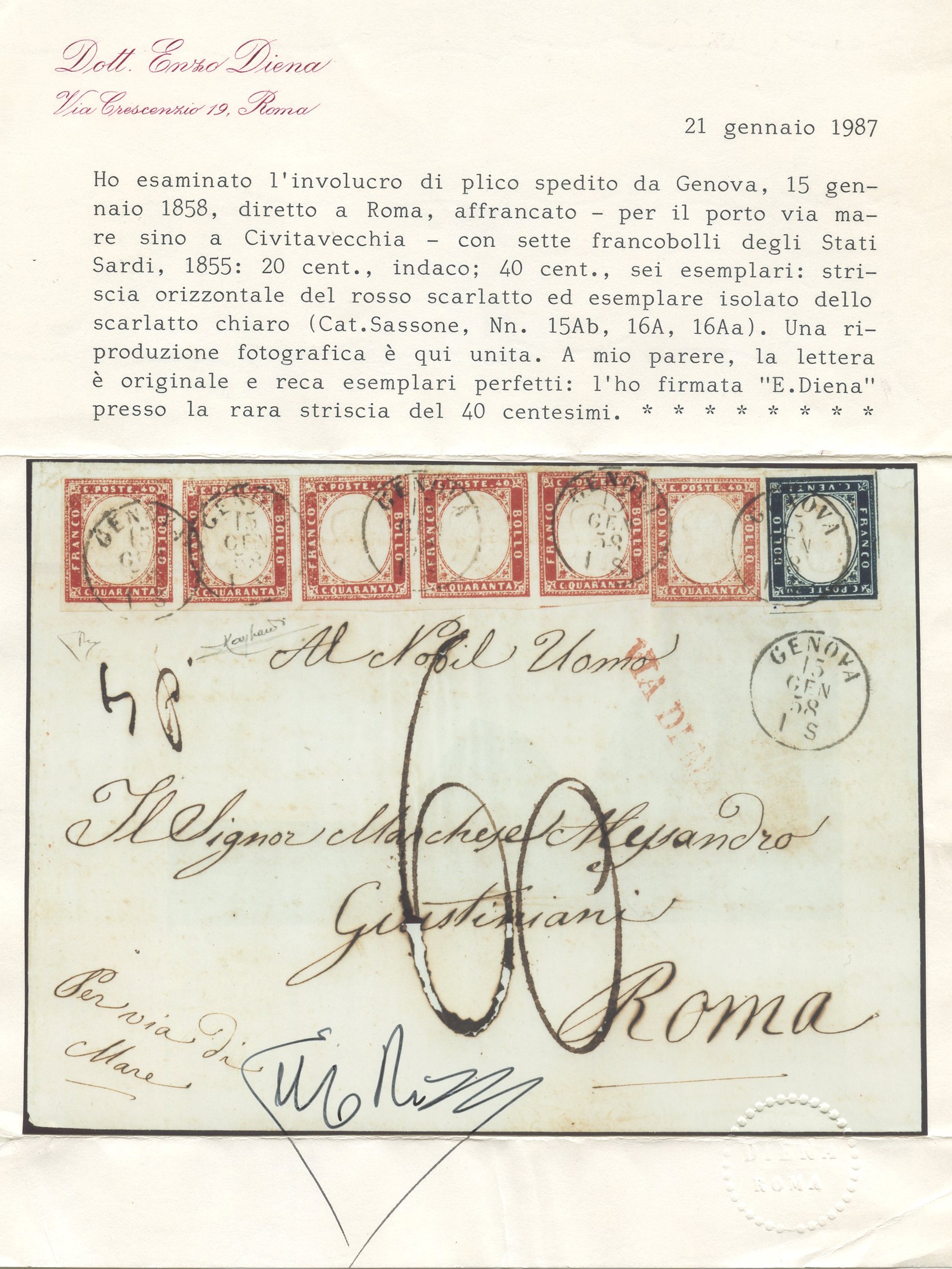 Sardegna - IV Emissione, Rara Striscia di 5 del 40 Cent. Rosso Scarlatto. su Busta
