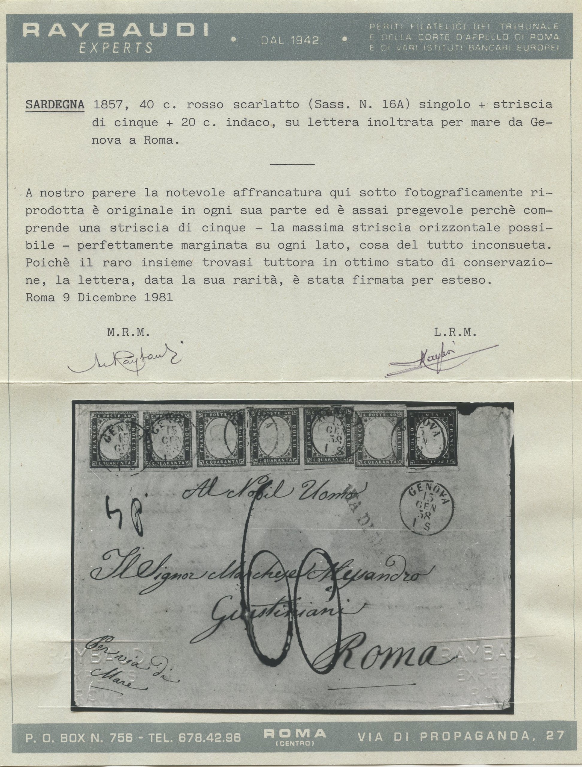 Sardegna - IV Emissione, Rara Striscia di 5 del 40 Cent. Rosso Scarlatto. su Busta