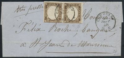 Sardegna, IV emissione, coppia da 10 centesimi terra d’ombra su lettera (25.09.1858)