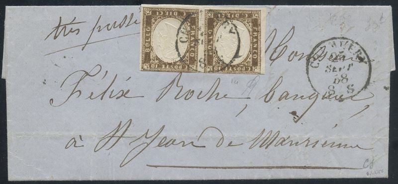 Sardegna, IV emissione, coppia da 10 centesimi terra d’ombra su lettera (25.09.1858)