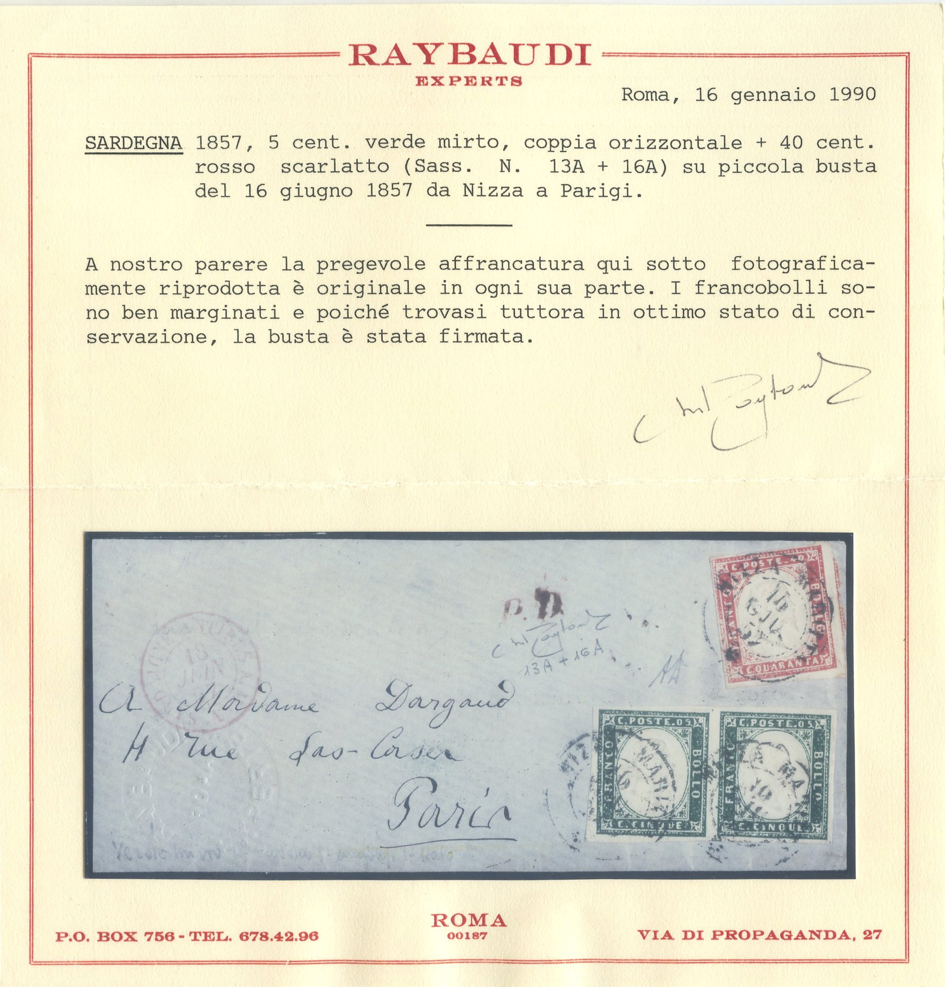 Sardegna - IV Emissione, Rara Affrancatura per la Francia