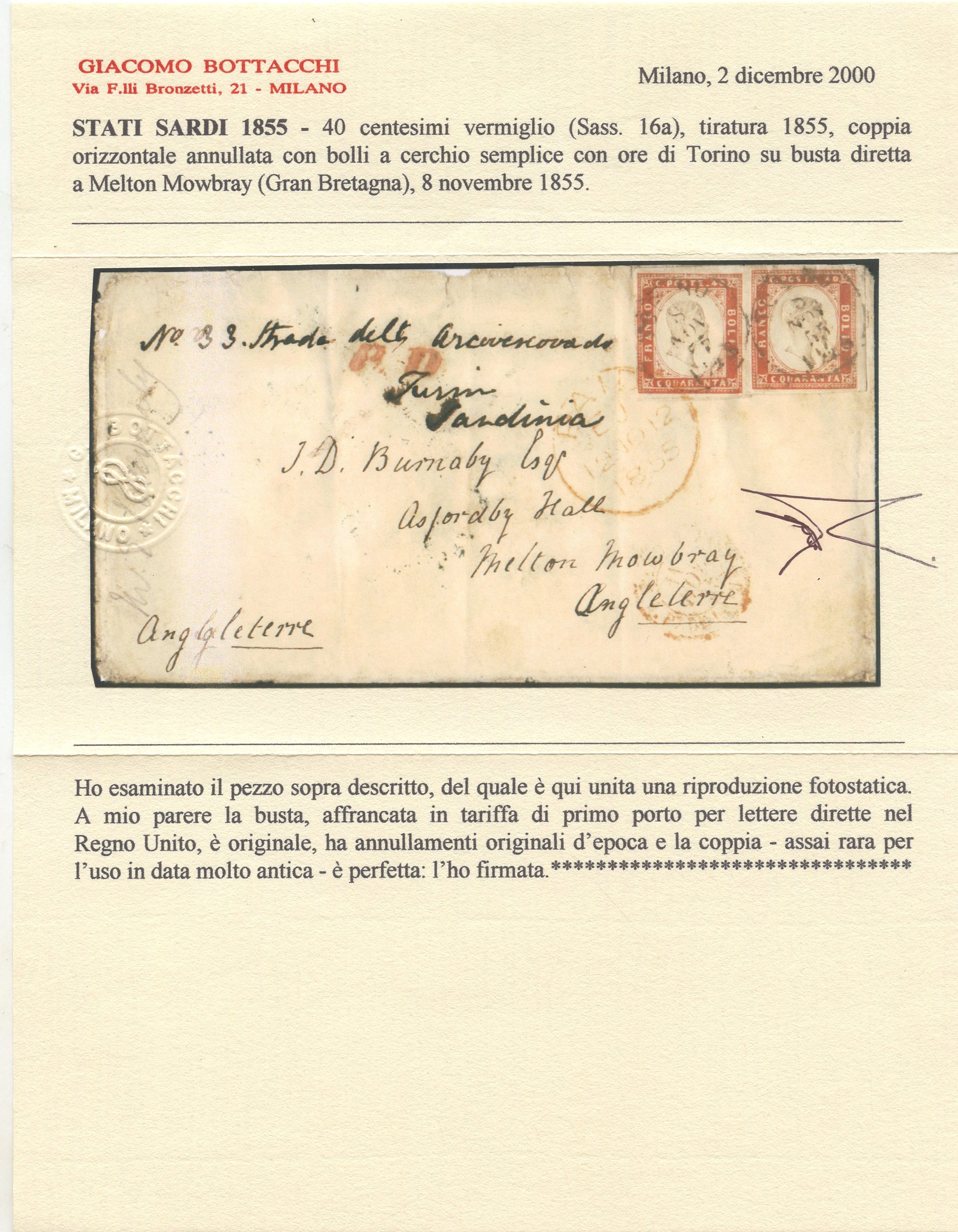 Sardegna - IV Emissione, 40 Cent. Usato nel Nov 1855