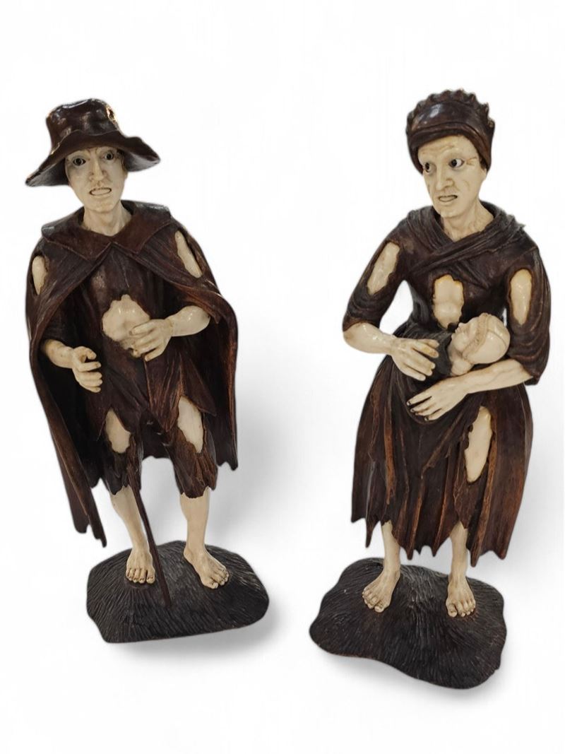 Simon Troger - Coppia di mendicanti, scultura in legno e avorio (Germania, XVIII secolo)