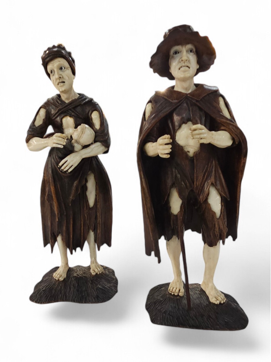 Simon Troger - Coppia di mendicanti, scultura in legno e avorio (Germania, XVIII secolo)