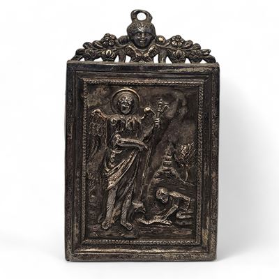 Ex-voto italiano in argento con raffigurazione di Tobiolo e l’Angelo