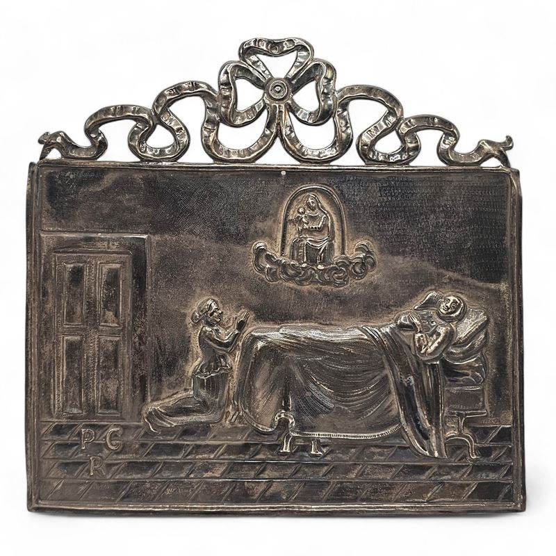 Ex-voto italiano in argento, scena devozionale con Vergine e Bambino, punzonato Roma dopo il 1815