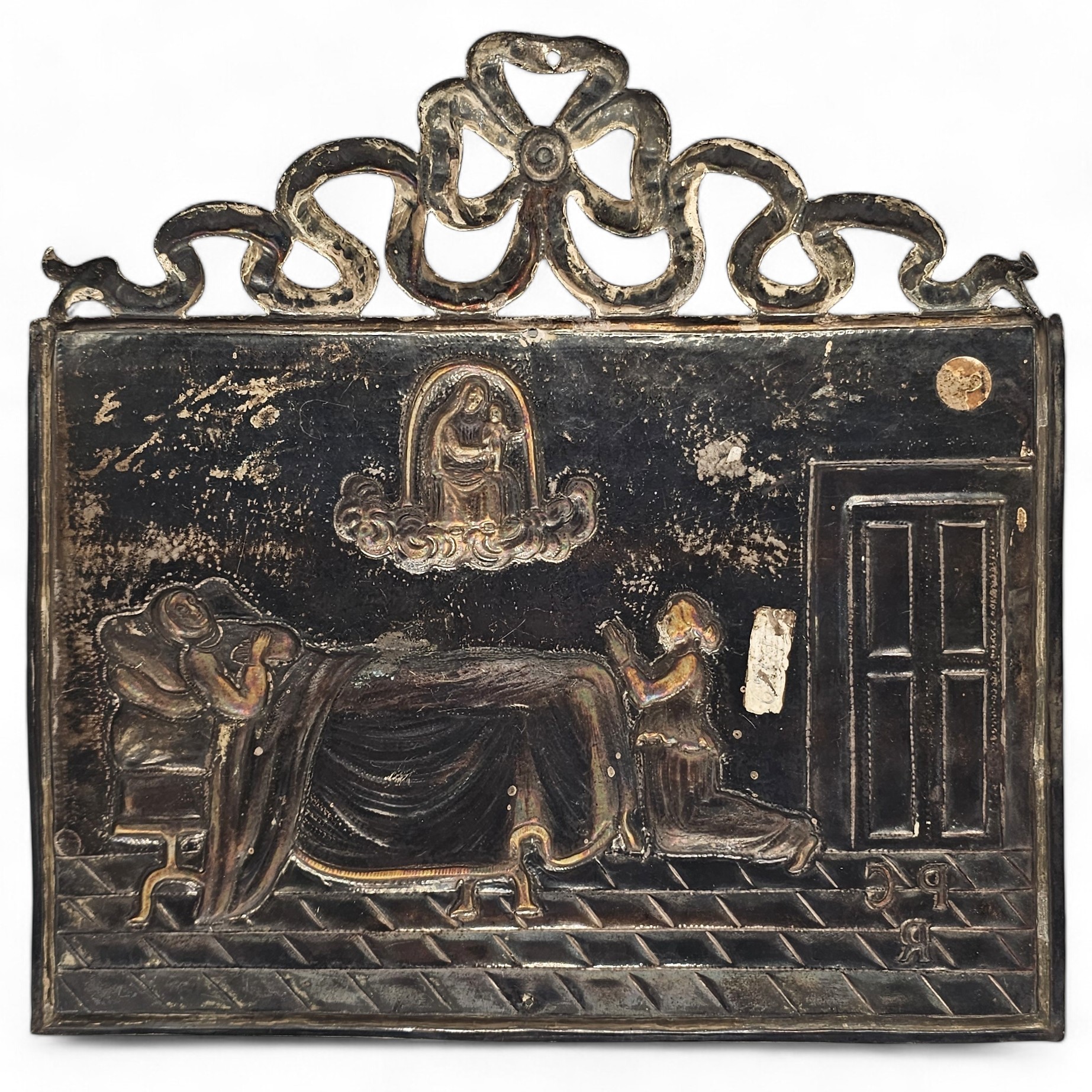 Ex-voto italiano in argento, scena devozionale con Vergine e Bambino, punzonato Roma dopo il 1815