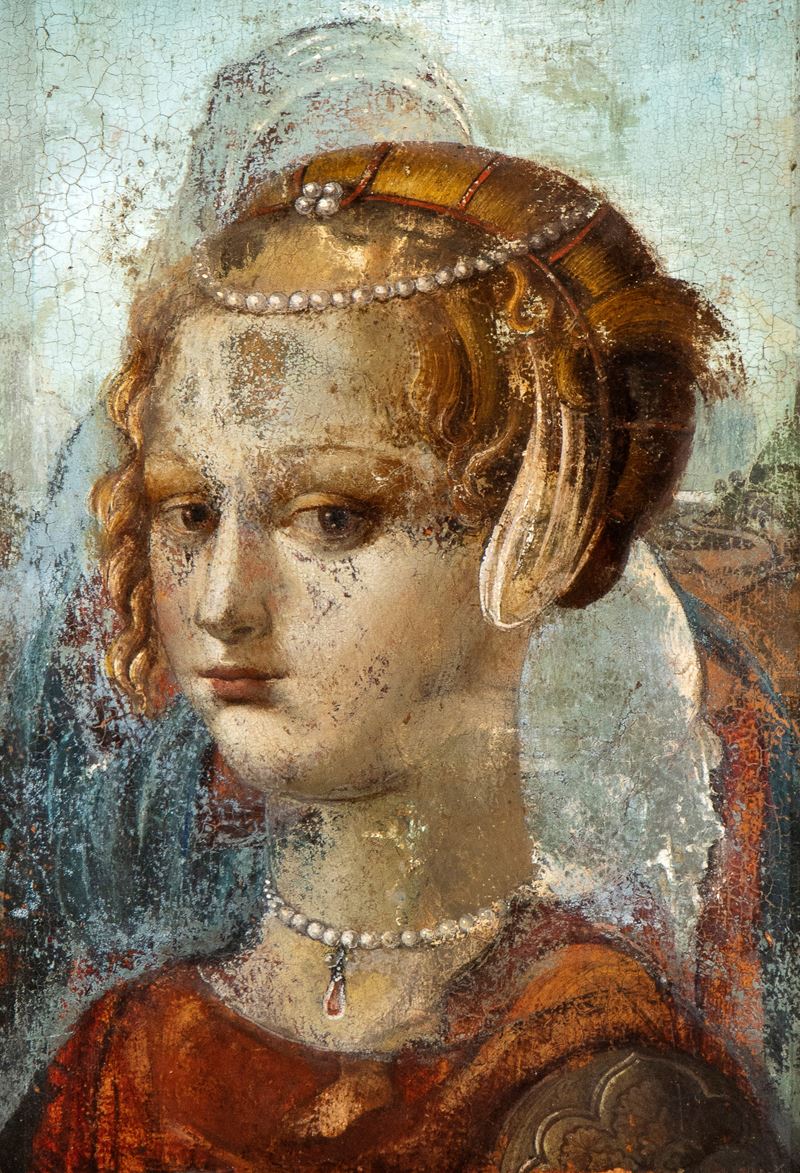 Artista Toscano, XVI Secolo - Ritratto di Dama con Diadema e Collana di Perle