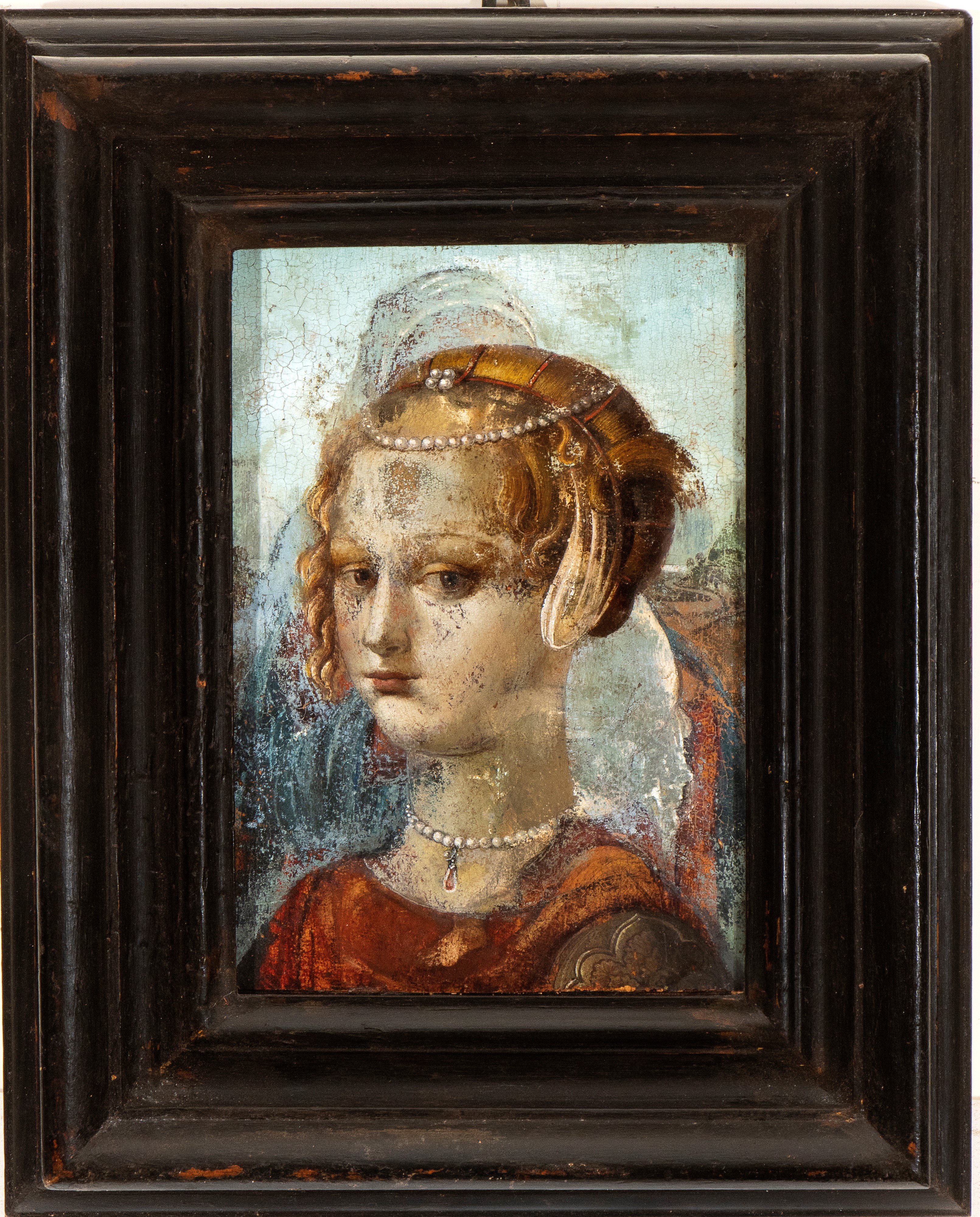 Artista Toscano, XVI Secolo - Ritratto di Dama con Diadema e Collana di Perle