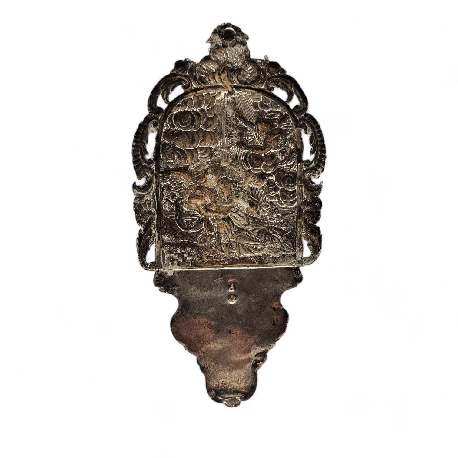 Milano, Coppia di acquasantiere, argento 800/1000 con bassorilievo figurativo