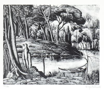 Paesaggio con lago, barca e scultura antica