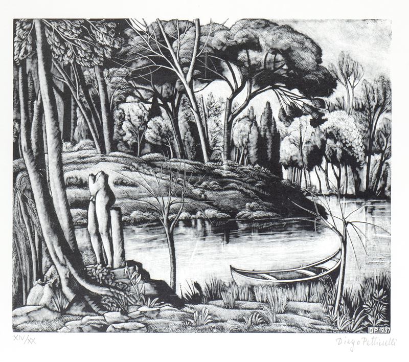 Diego Pettinelli - Paesaggio con lago, barca e scultura antica