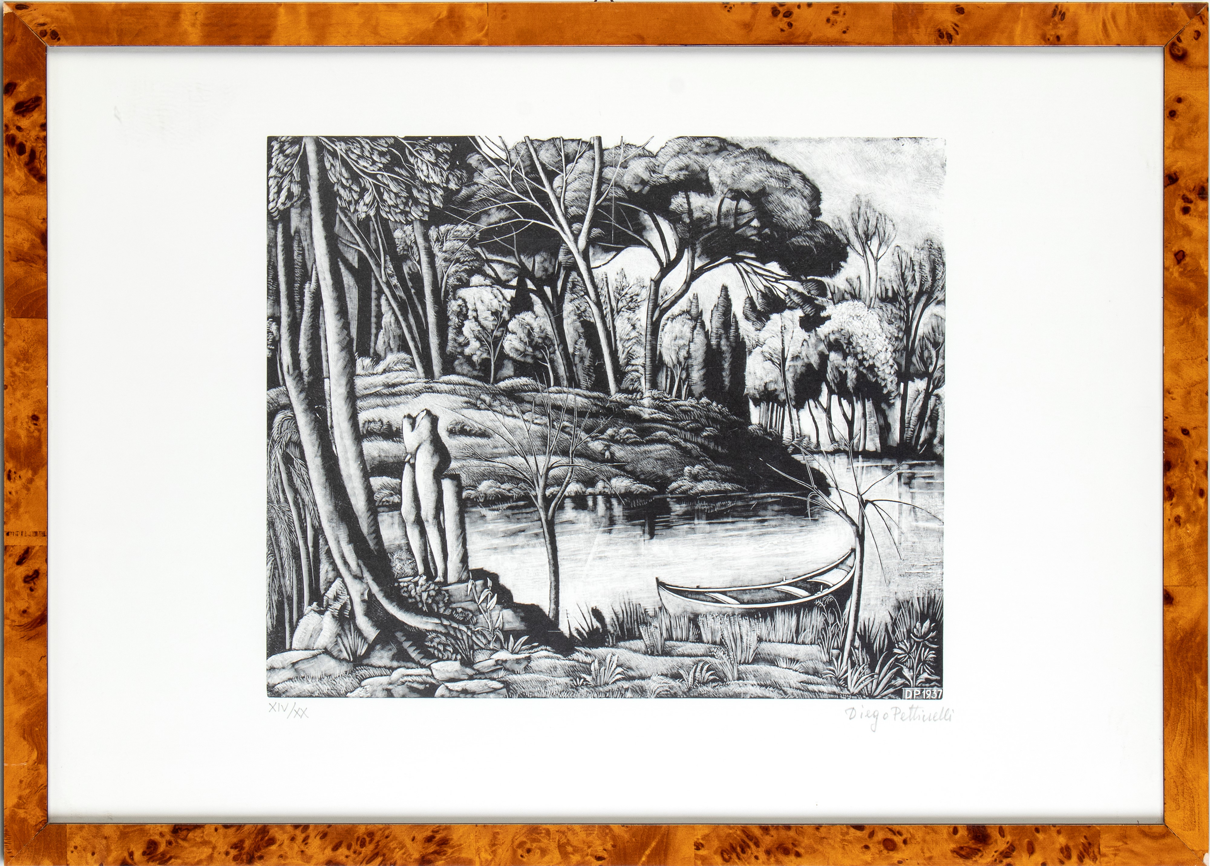 Diego Pettinelli - Paesaggio con lago, barca e scultura antica
