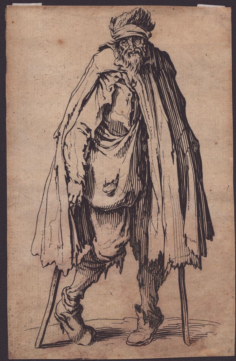 Jacques Callot - Mendicante con bastoni, acquaforte