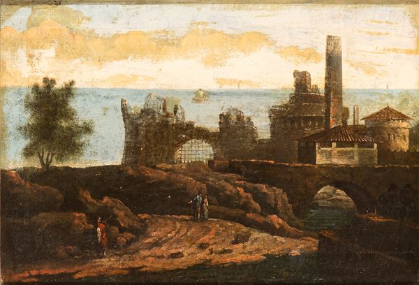 Artista anonimo, XVIII secolo - Coastal view with village and figures