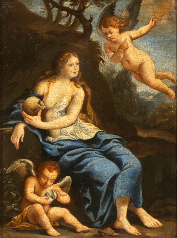 Artista emiliano, XVII secolo - Penitent Mary Magdalene comforted by two angels