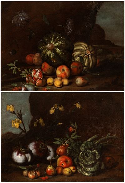 A) Natura Morta di Zucche, Melagrani, Mele e Pere; B) Natura Morta di Verdure, Frutta e Gigli. Co...