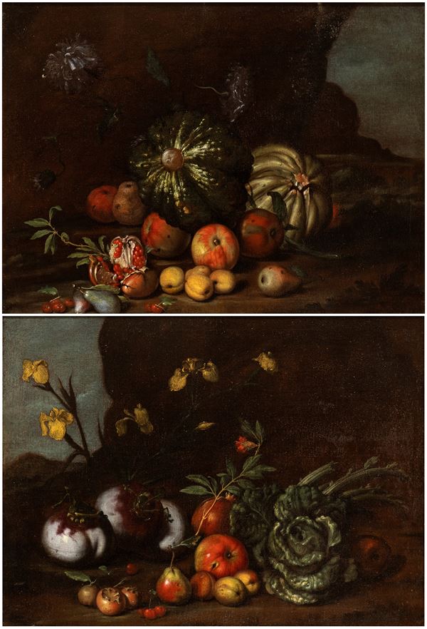 Artista toscano, seconda met&#224; XVII secolo - a) Still life of pumpkins, pomegranates, apples and pears; b) Still life of vegetables, fruit and lilies. Pair of paintings