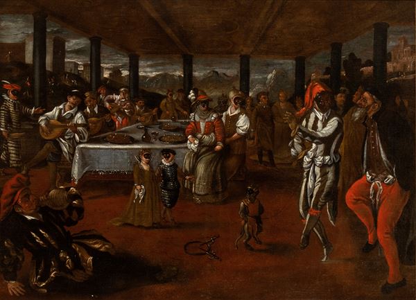 Artista fiammingo attivo a Venezia, fine XVI - inizio XVII secolo - Banquet with masks from commedia dell'arte 