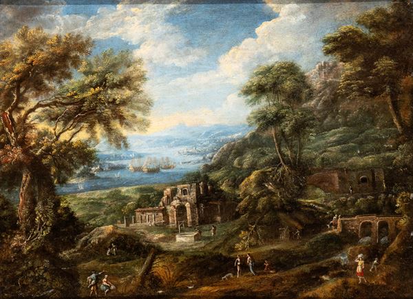 Artista fiammingo, XVII-XVIII secolo - Coastal landscape with boats and figures