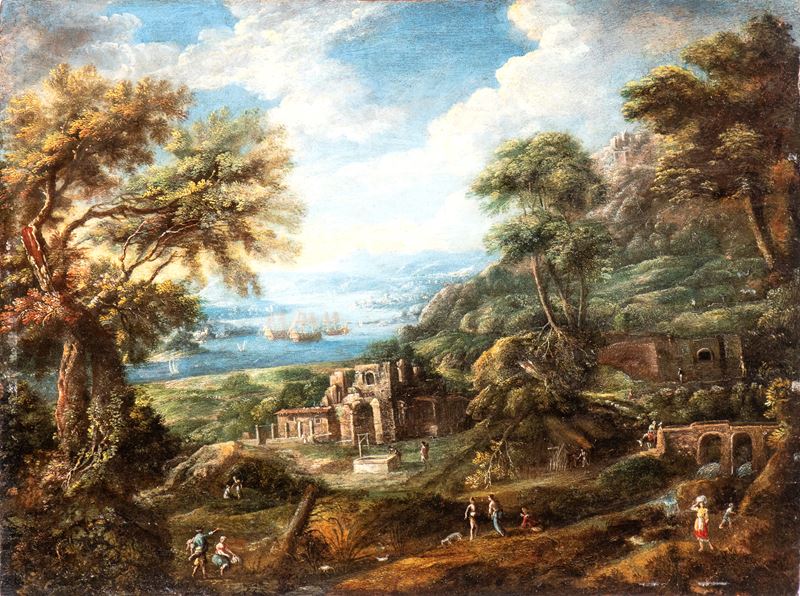 Paesaggio costiero con barche e figure