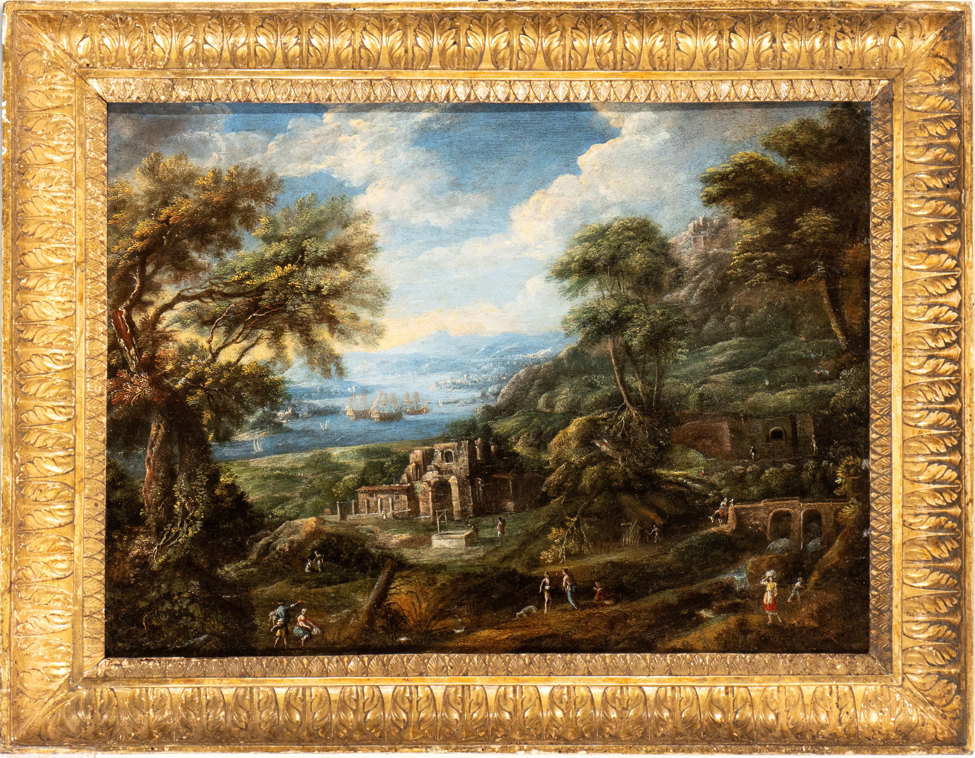 Paesaggio costiero con barche e figure