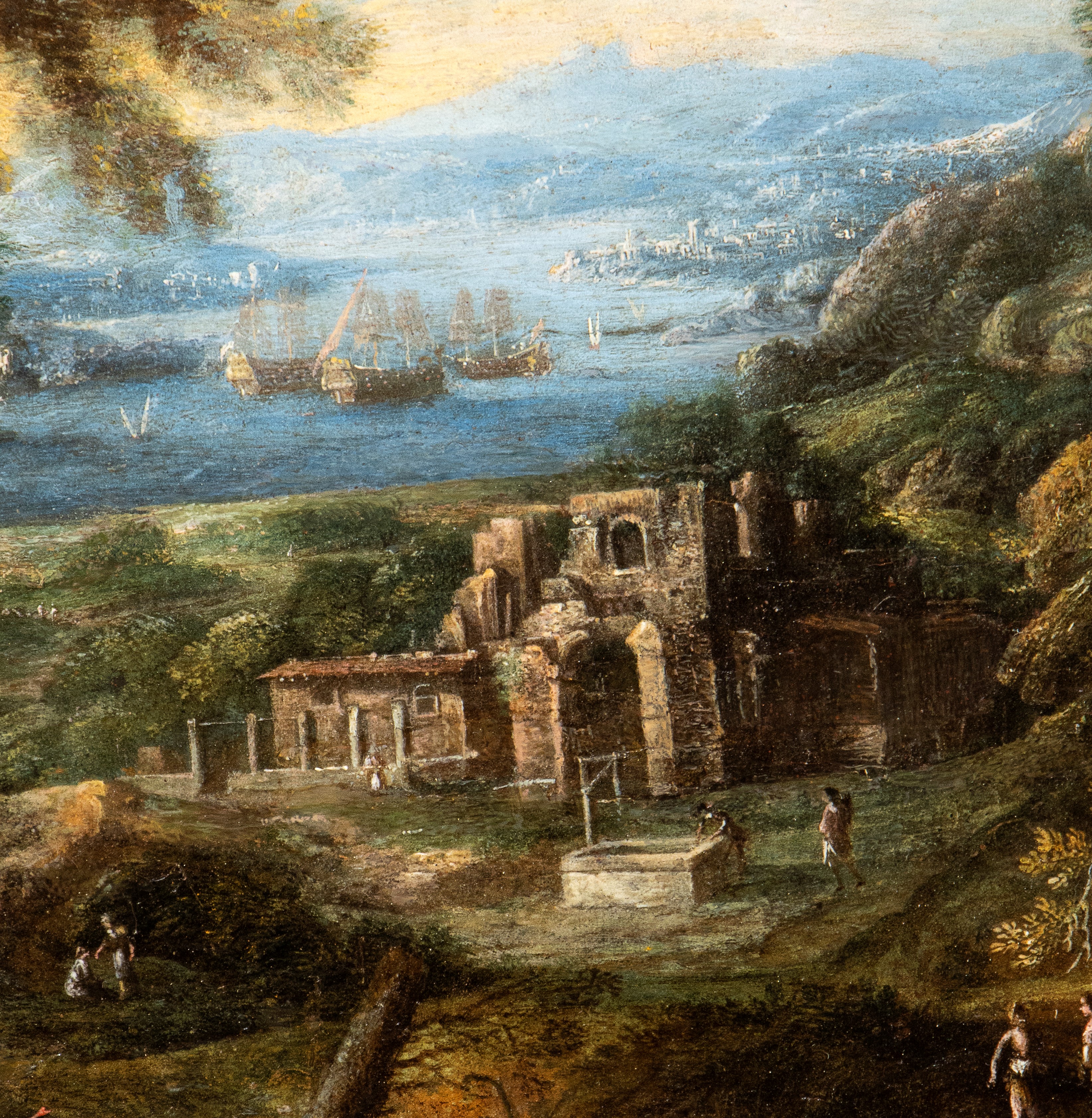 Paesaggio costiero con barche e figure