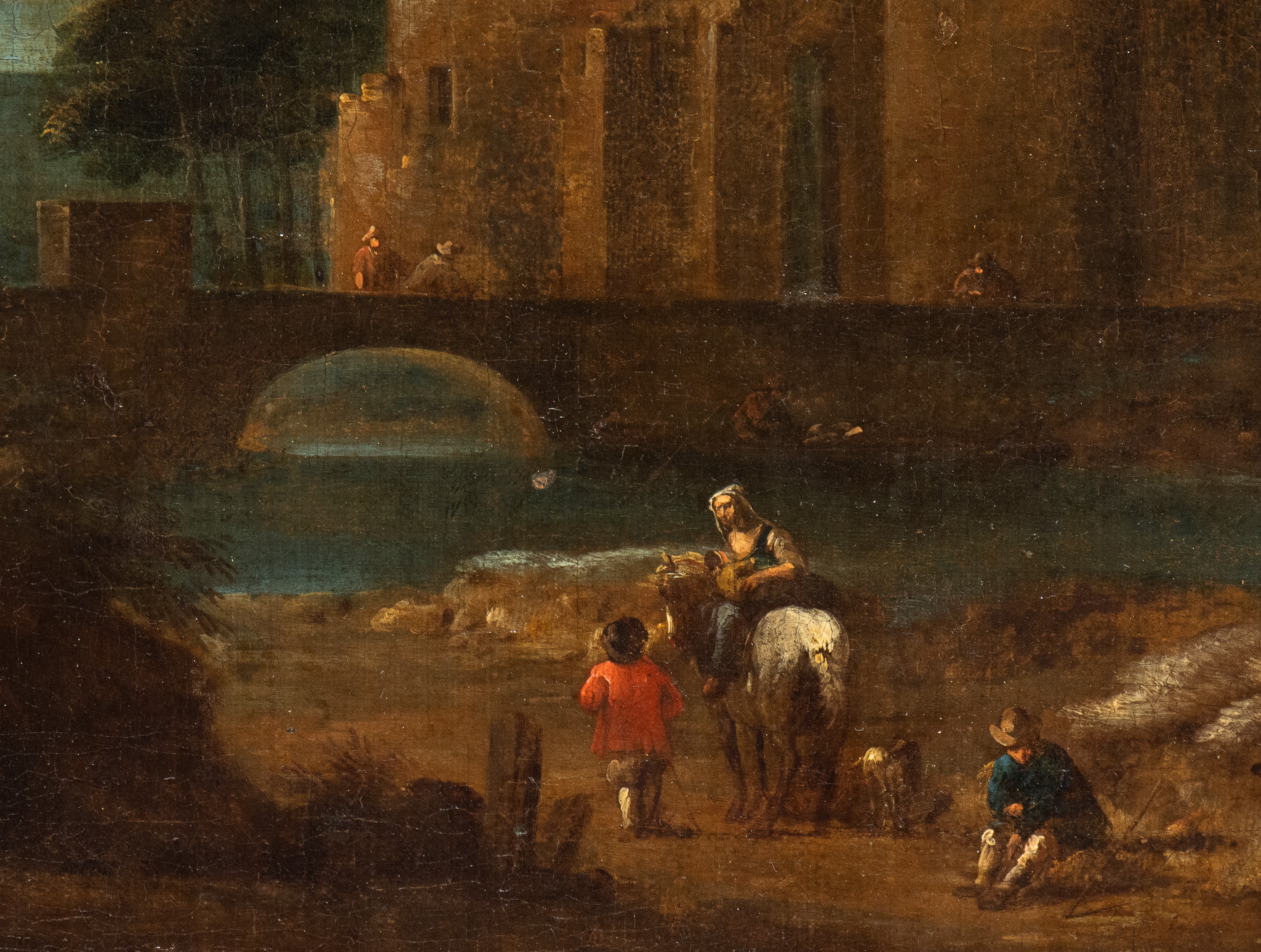 Paesaggio fluviale con ponte, castello e figure