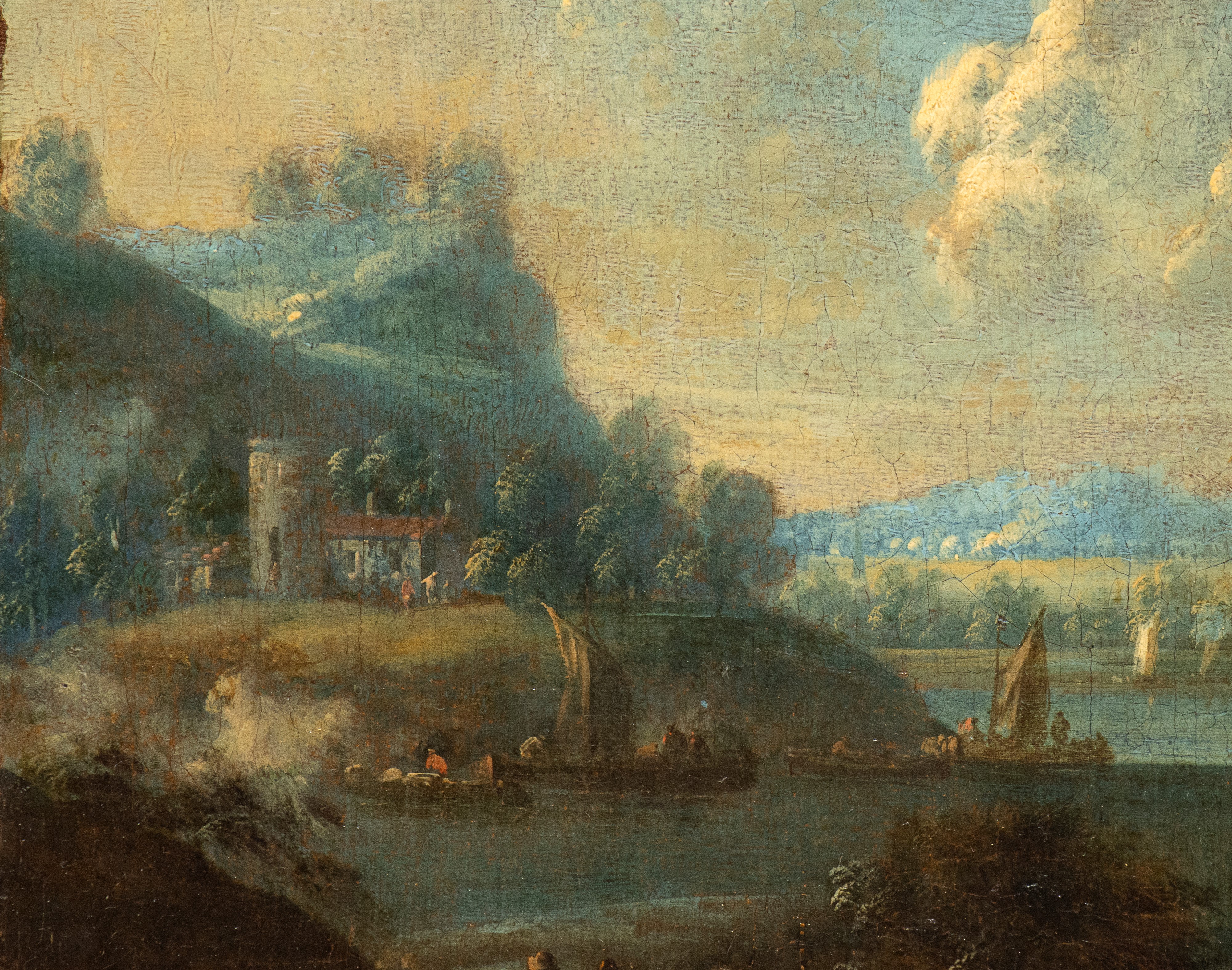 Paesaggio fluviale con ponte, castello e figure