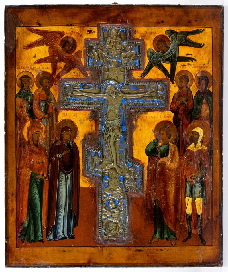 Icona russa, Stauroteca con croce in bronzo e smalti (XIX secolo)