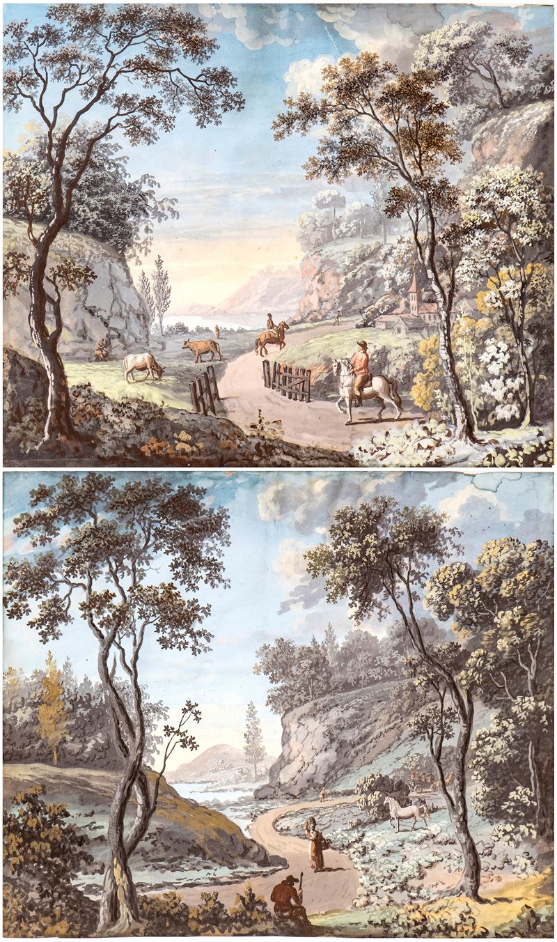Giuseppe Bernardino Bison - A) Paesaggio con Due Cavalieri, Armenti ed Edifici; B) Paesaggio Fluv...