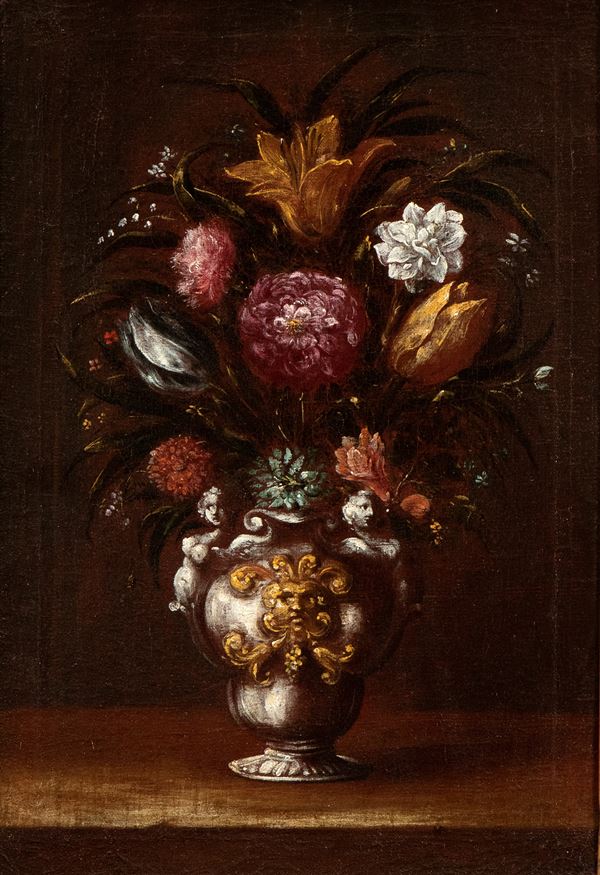 Maestro del vaso a grottesche - Still life of tulips, carnations and chrysanthemums in a vase