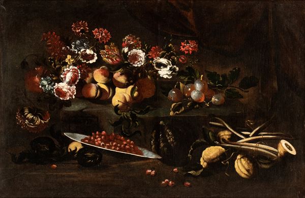 Artista lombardo, fine XVII - inizio XVIII secolo - Still life of flowers, fruits and asparagus