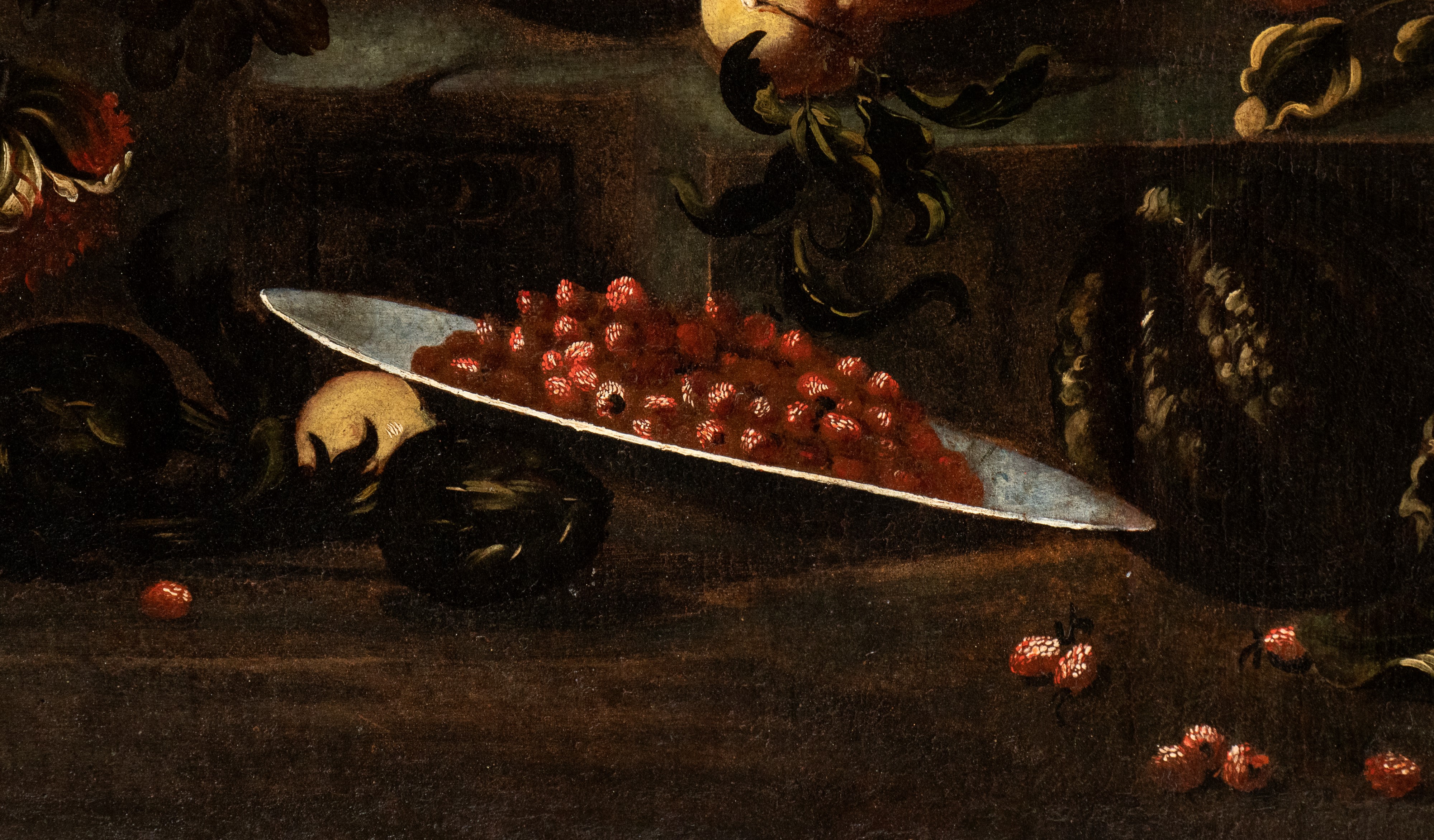 Natura morta di fiori, frutta e asparagi