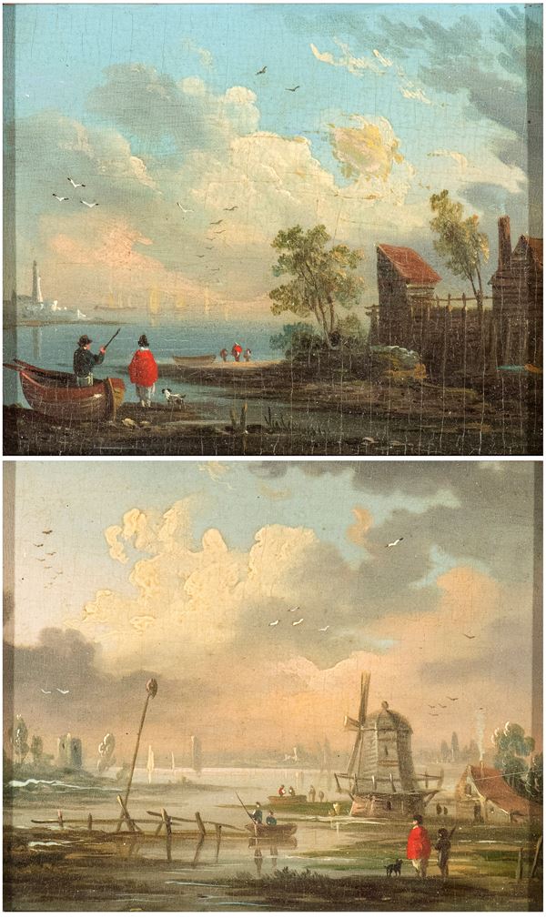 Artista fiammingo, XVIII secolo - a) Coastal landscape with figures, house and lighthouse in the background; b) Coastal landscape with figures and windmill. Pair of paintings