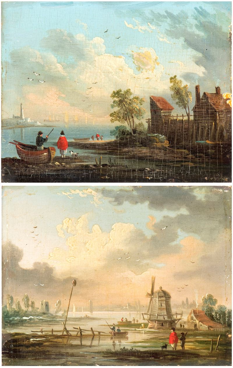 a) Paesaggio costiero con figure, casa e faro sullo sfondo; b) Paesaggio costiero con figure e mu...