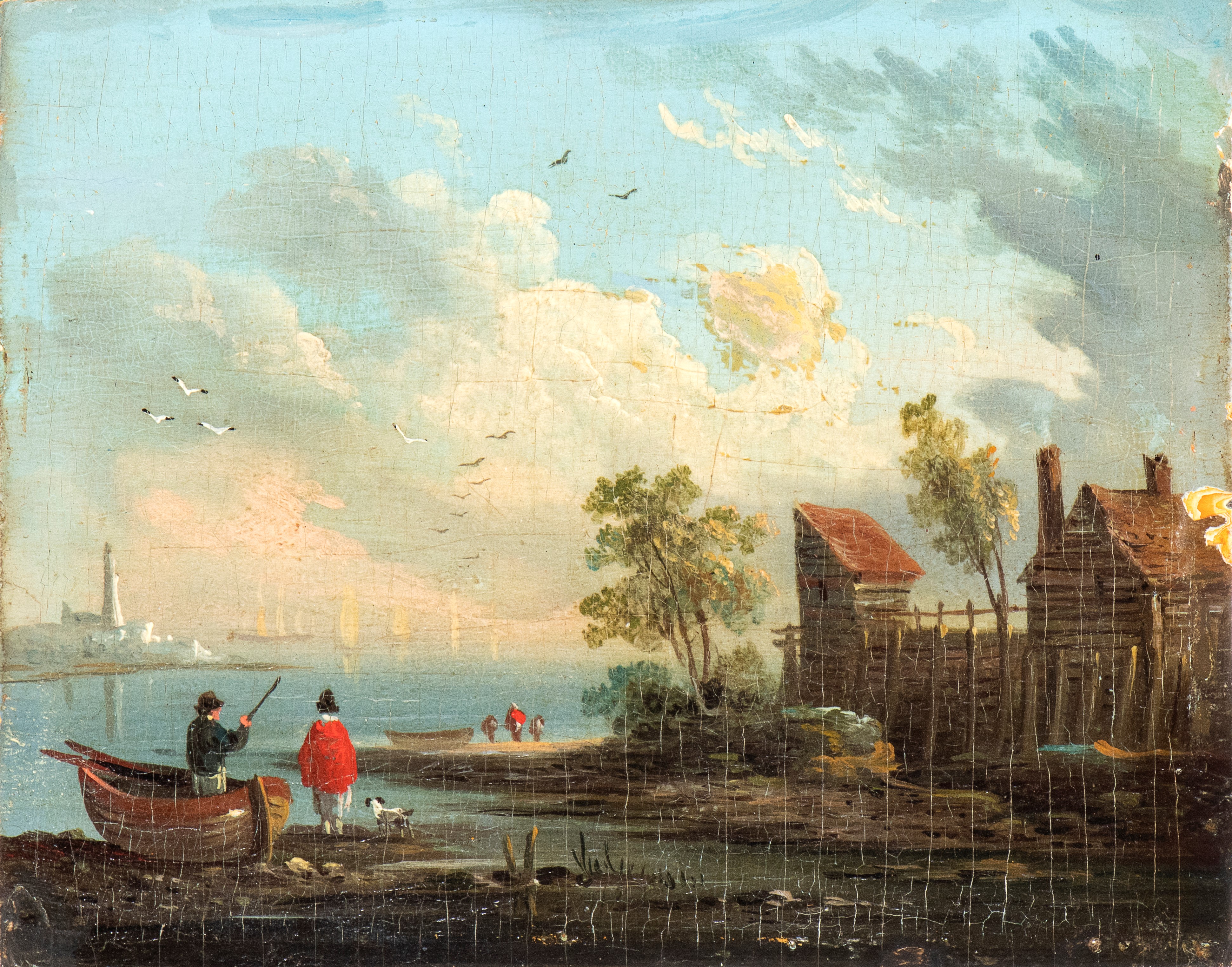 a) Paesaggio costiero con figure, casa e faro sullo sfondo; b) Paesaggio costiero con figure e mu...