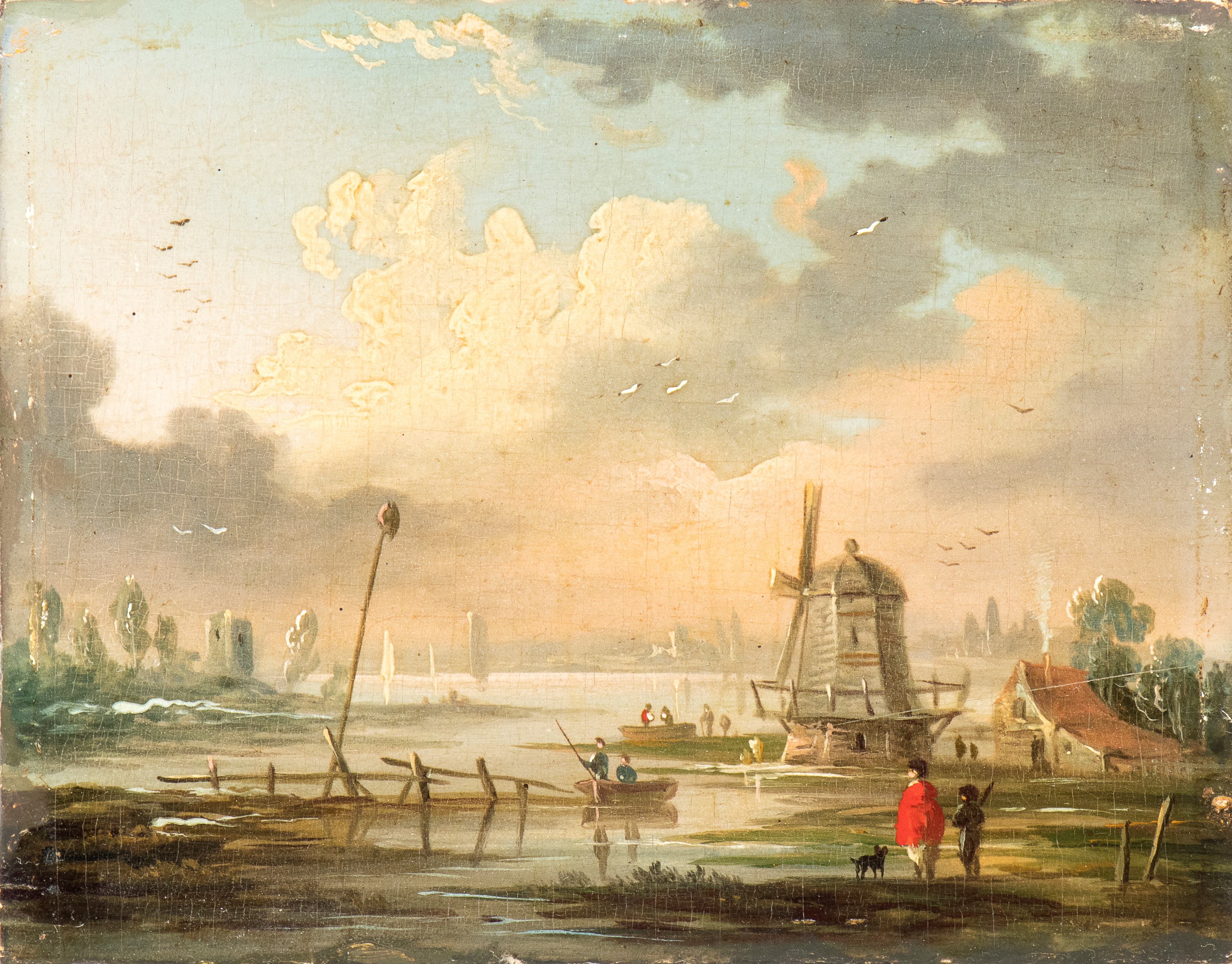 a) Paesaggio costiero con figure, casa e faro sullo sfondo; b) Paesaggio costiero con figure e mu...