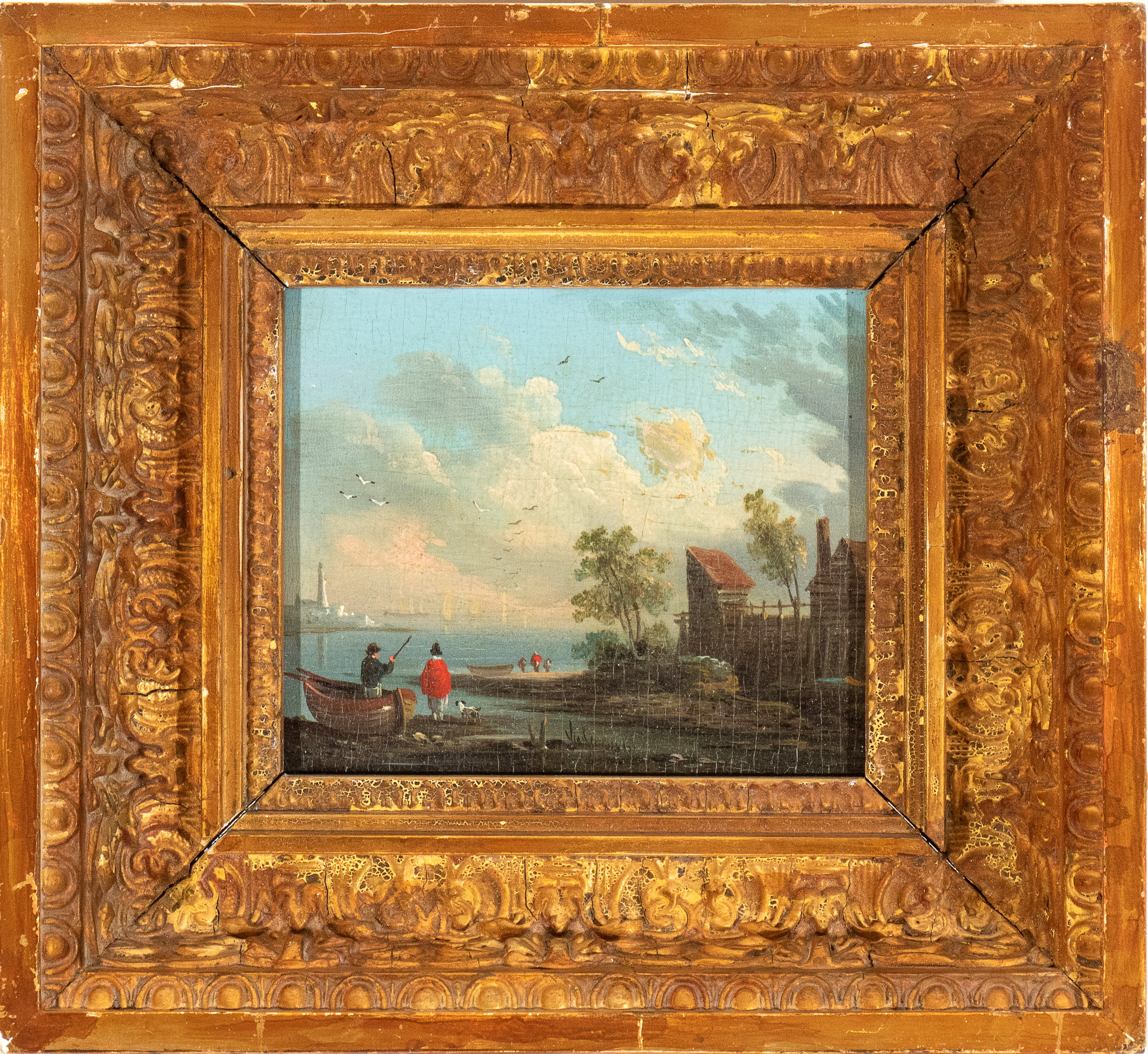 a) Paesaggio costiero con figure, casa e faro sullo sfondo; b) Paesaggio costiero con figure e mu...