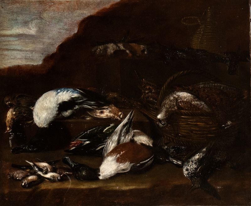 Natura morta di cacciagione in un paesaggio