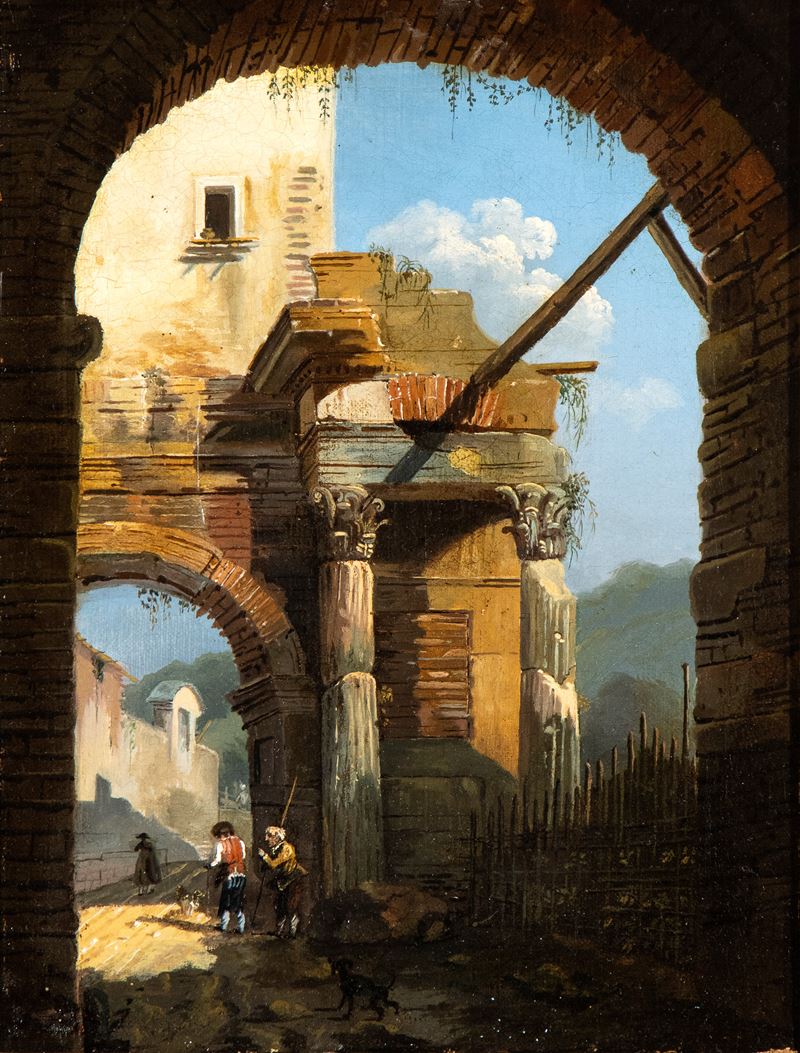 Capriccio con strada, arco e figure