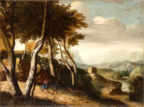 Artista attivo a Roma, fine XVII - inizio XVIII secolo -  Landscape with Flight into Egypt