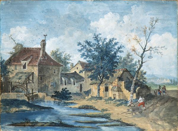 Artista nord-europeo, fine XVIII - XIX secolo - Landscape with village, mill, creek and figures