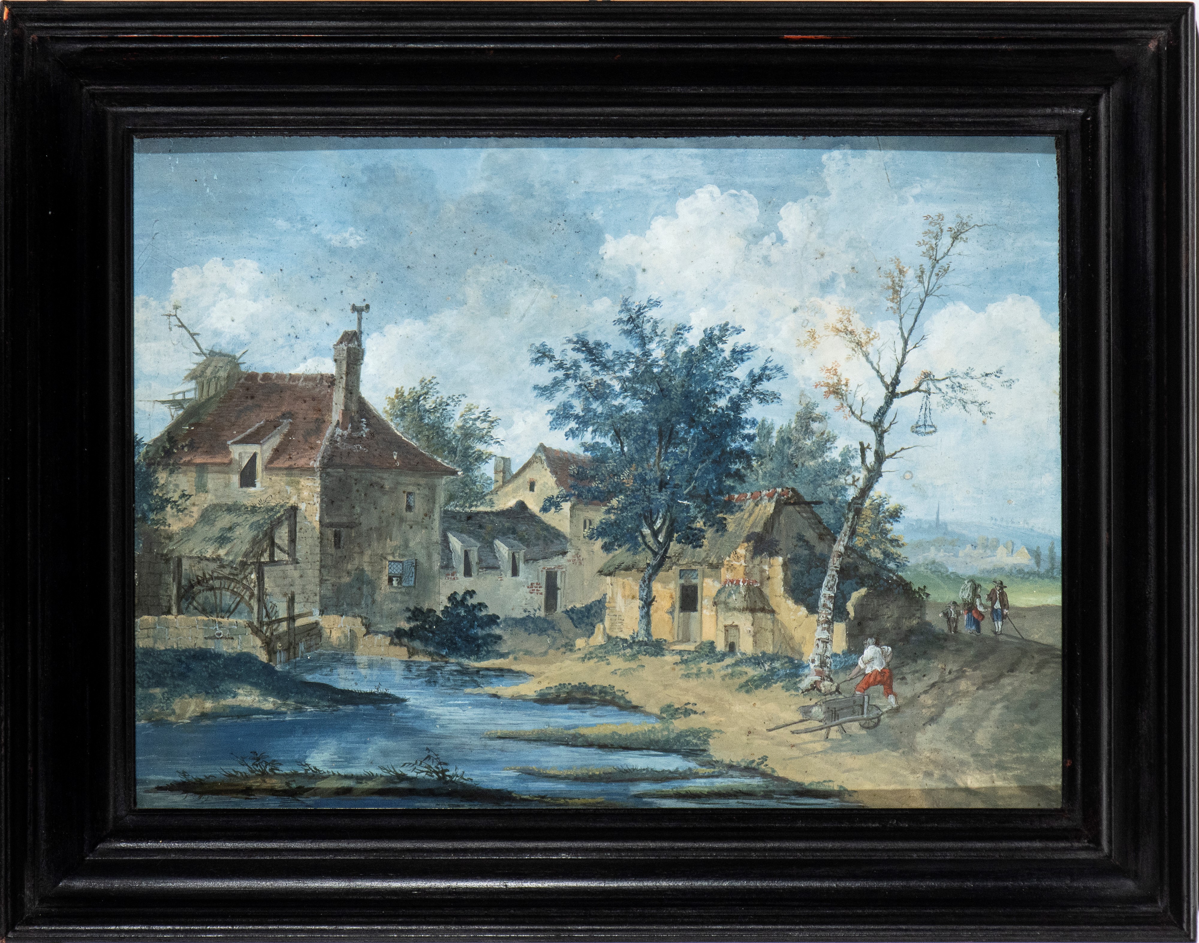 Paesaggio con borgo, mulino, torrente e figure