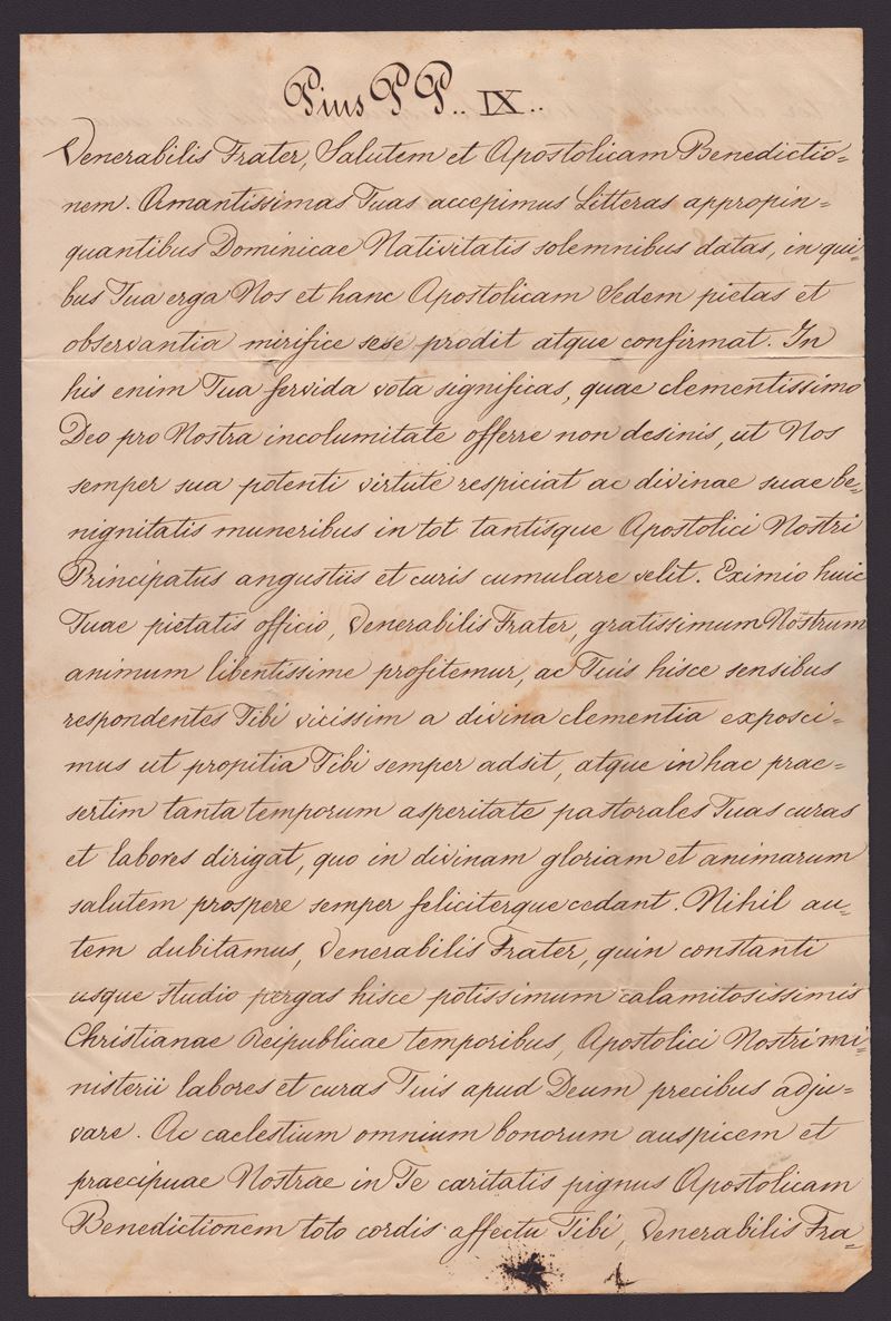 Papa PIO IX , lettera autografa (Giovanni Mastai-Ferretti; Senigallia, 13 maggio 1792 – Roma, 7 f...