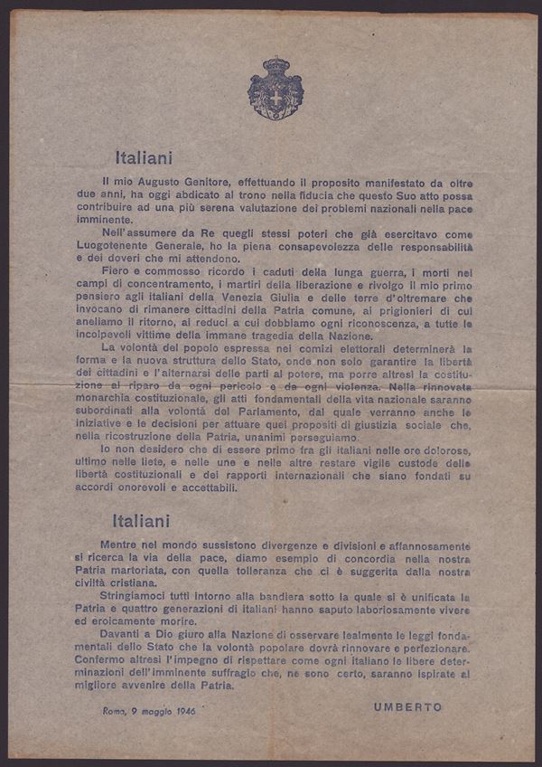 Re UMERTO II - 9 Maggio 1946 - VOLANTINO